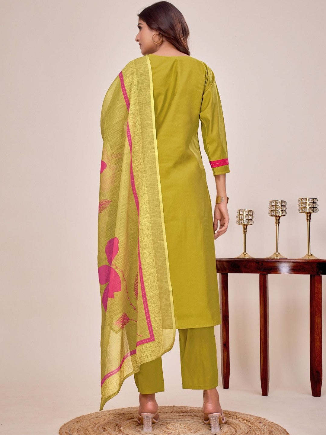 Embroidered V-Neck Kurta & Trousers With Dupatta