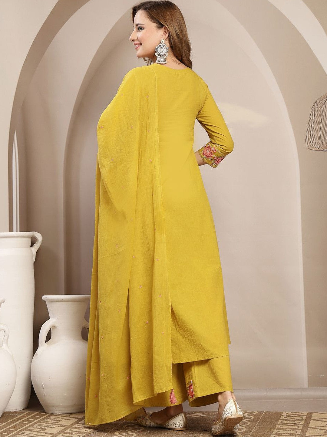 Women Floral Embroidered Angrakha Thread Work Pure Cotton Kurta with Palazzos & With Dupatta