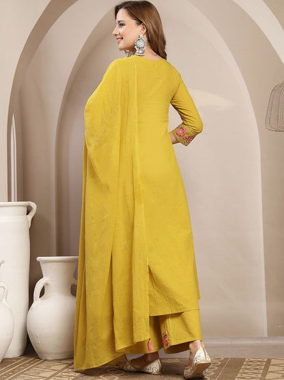 Women Floral Embroidered Angrakha Thread Work Pure Cotton Kurta with Palazzos & With Dupatta