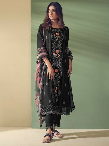 Women's Black Embroidered Straight Kurta Trousers With Dupatta Set