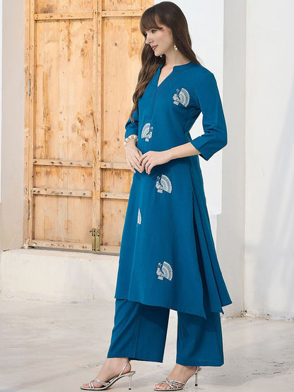 Dhiyona IE Floral Embroidered Pure Cotton Mandarin Collar Tunic With Trousers