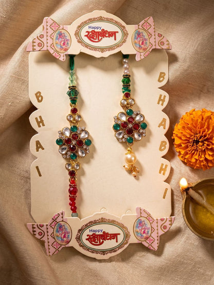 Dhiyona Set Of 2 Floral Design Kundan Studded Bhaiya Bhabhi Rakhi With Roli Chawal Chandan