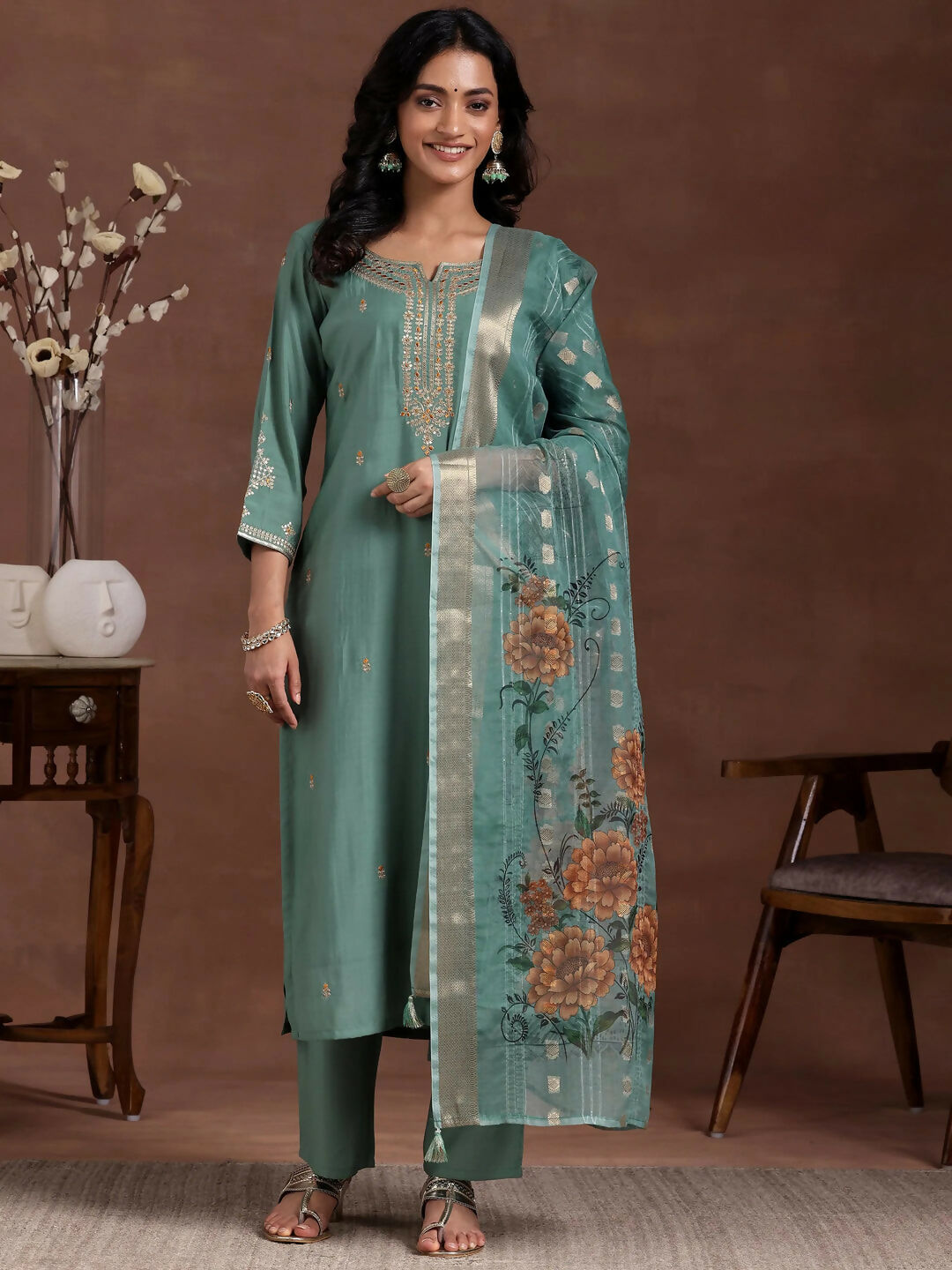 Women's LB Green Embroidered Silk Blend Straight Suit With Dupatta