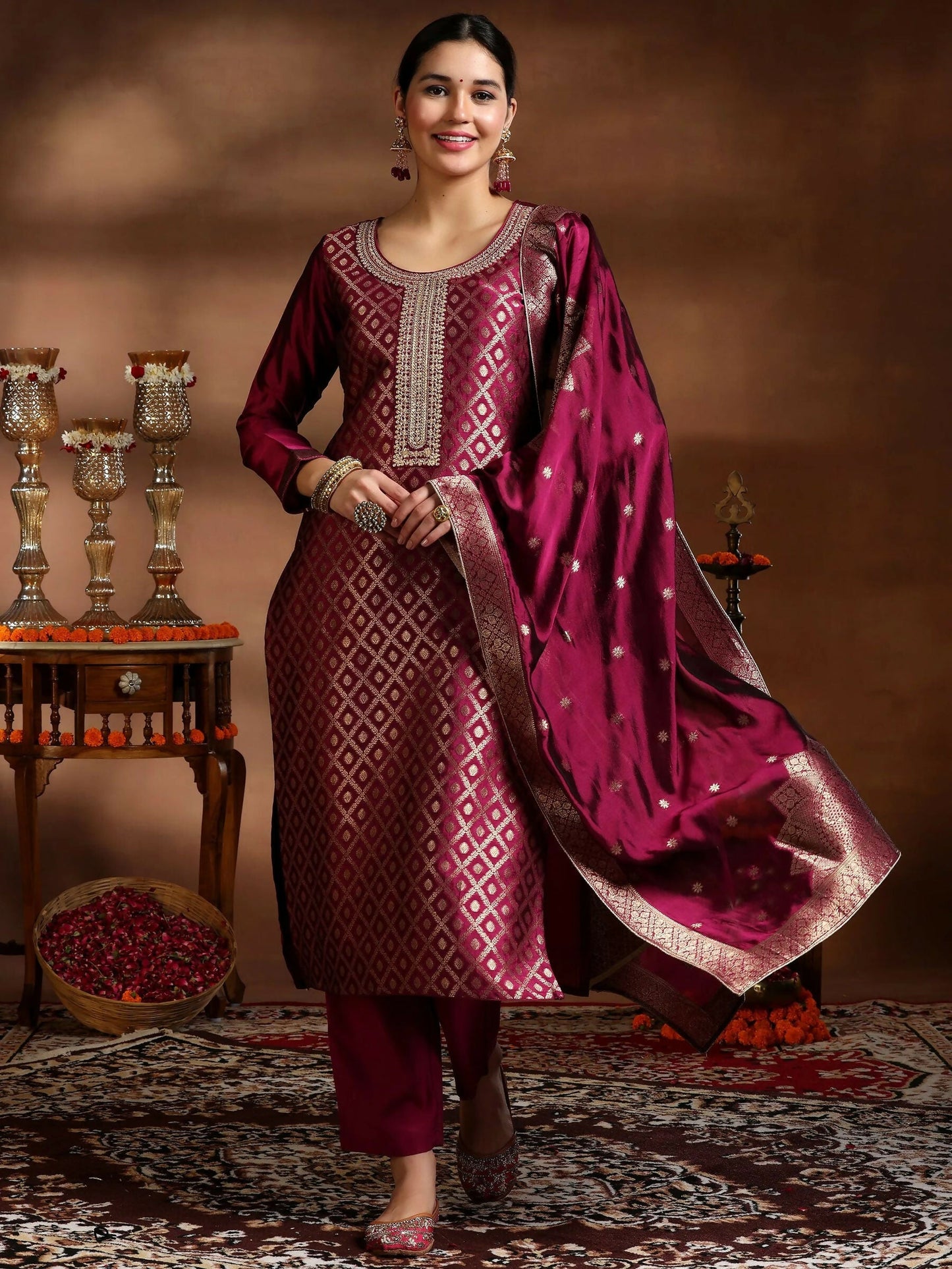 Women's LB Magenta Woven Design Silk Blend Straight Suit With Dupatta