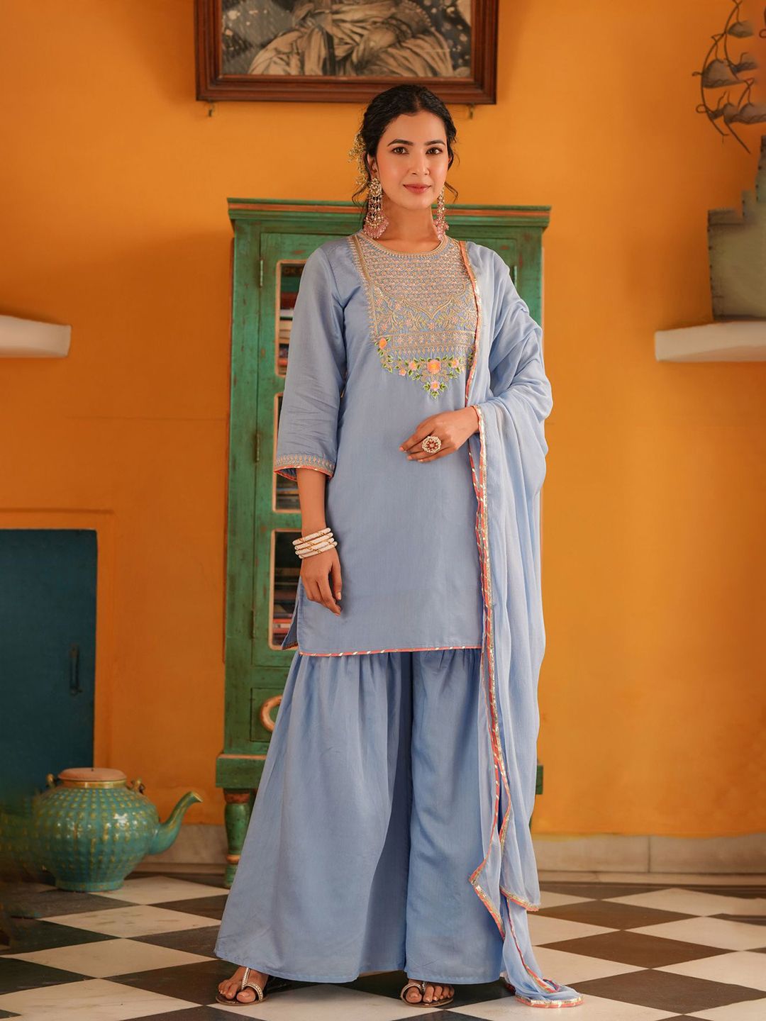 Dhiyona SC Women Blue Chanderi Silk Zari Embroidered Sharara Set