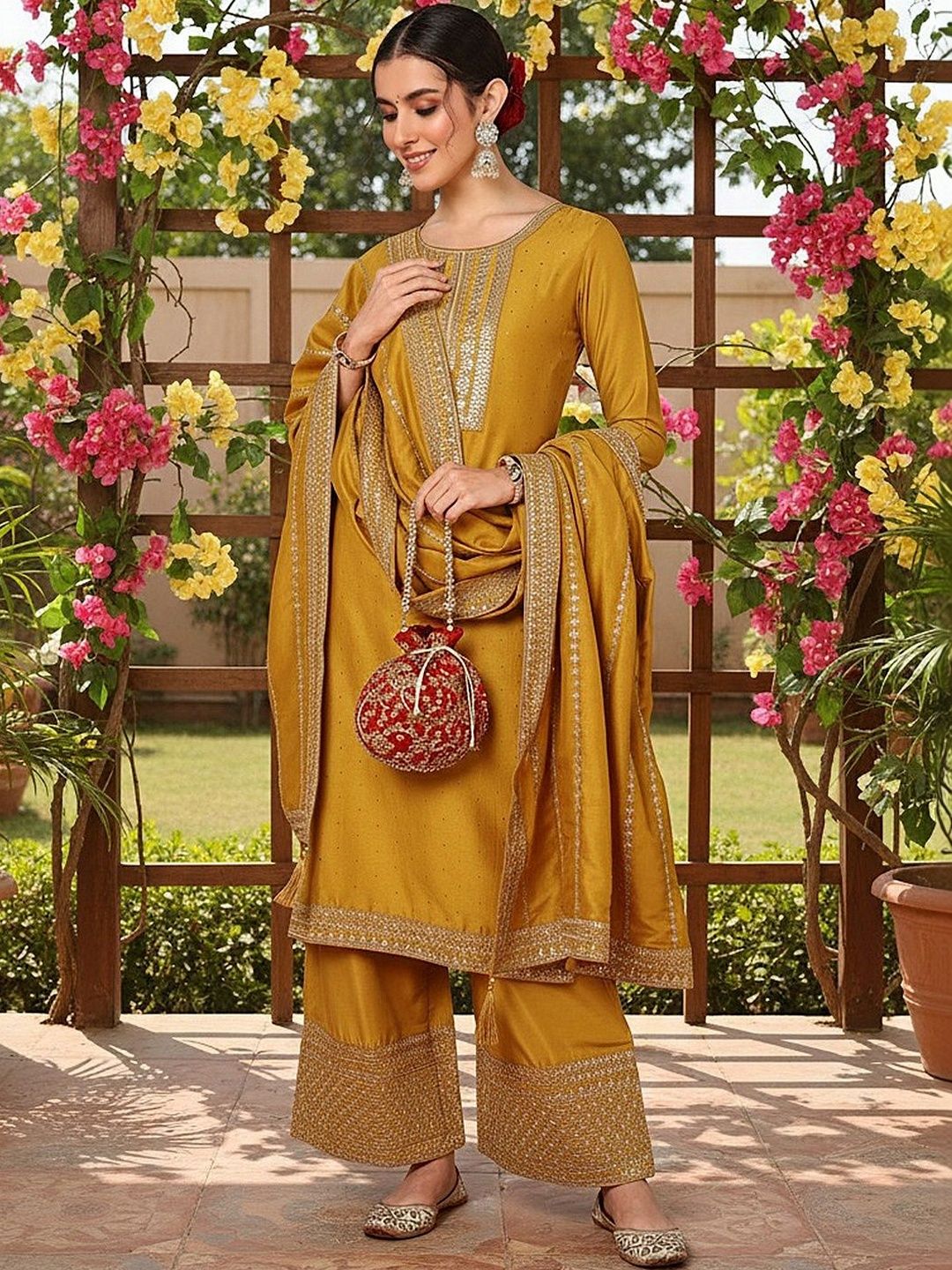 Dhiyona KL Women Ethnic Motifs Embroidered Regular Thread Work Kurta with Palazzos & With Dupatta