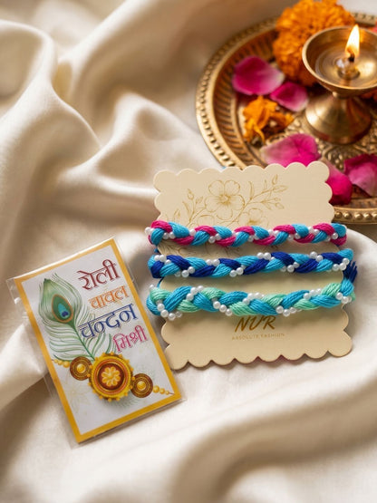 Dhiyona Set Of 3 Multicolor Thread Rakhi With Roli Chawal Chandan Mishri