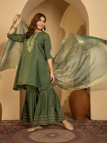 Women Olive Embroidered Kurta Sets With Dupatta
