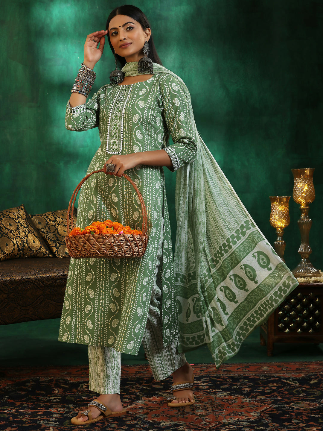 Women's LB Green Printed Cotton Straight Suit With Dupatta