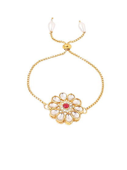 Dhiyona Set Of 2 Gold Toned Kundan Floral Design Bhaiya Bhabhi Rakhi Set With Roli Chawal