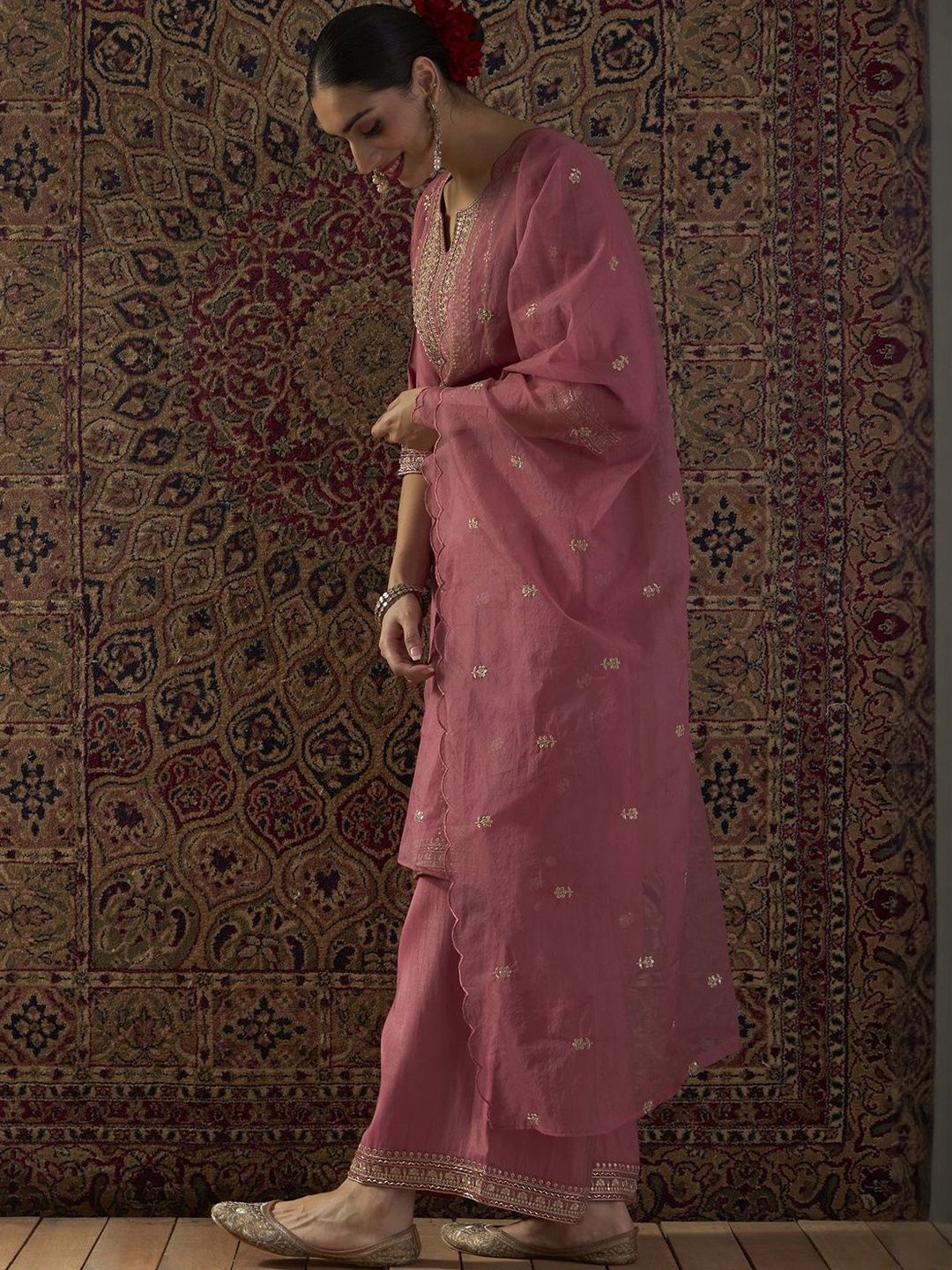 Dhiyona IE Ethnic Motifs Embroidered Regular Straight Kurta With Palazzos & Dupatta