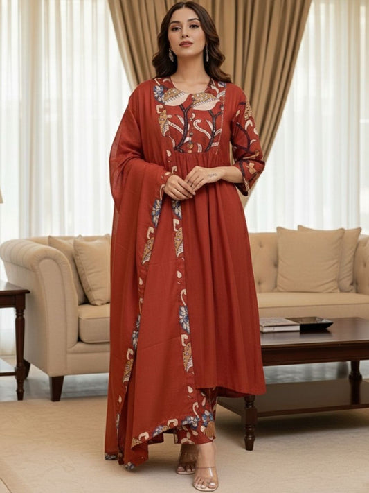 Dhiyona KL Women Ethnic Motifs Printed Tiered Kurta with Trousers & With Dupatta