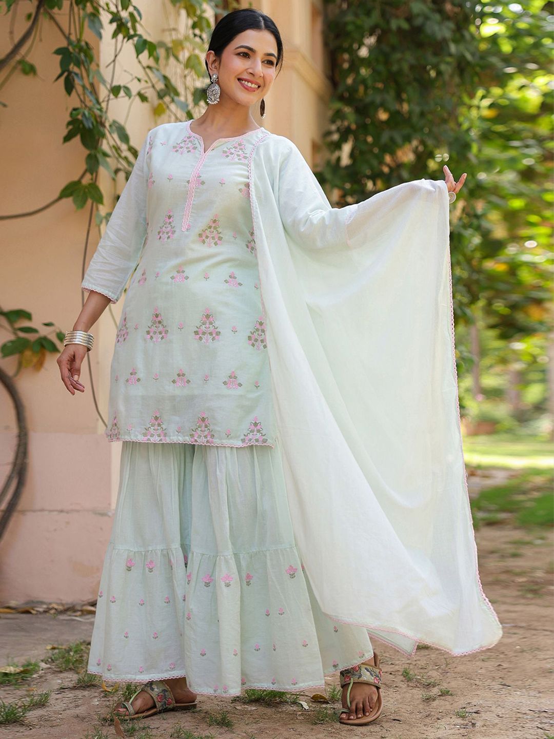Dhiyona SC Women Solid Embroidered Cotton Kurti with Sharara & Dupatta