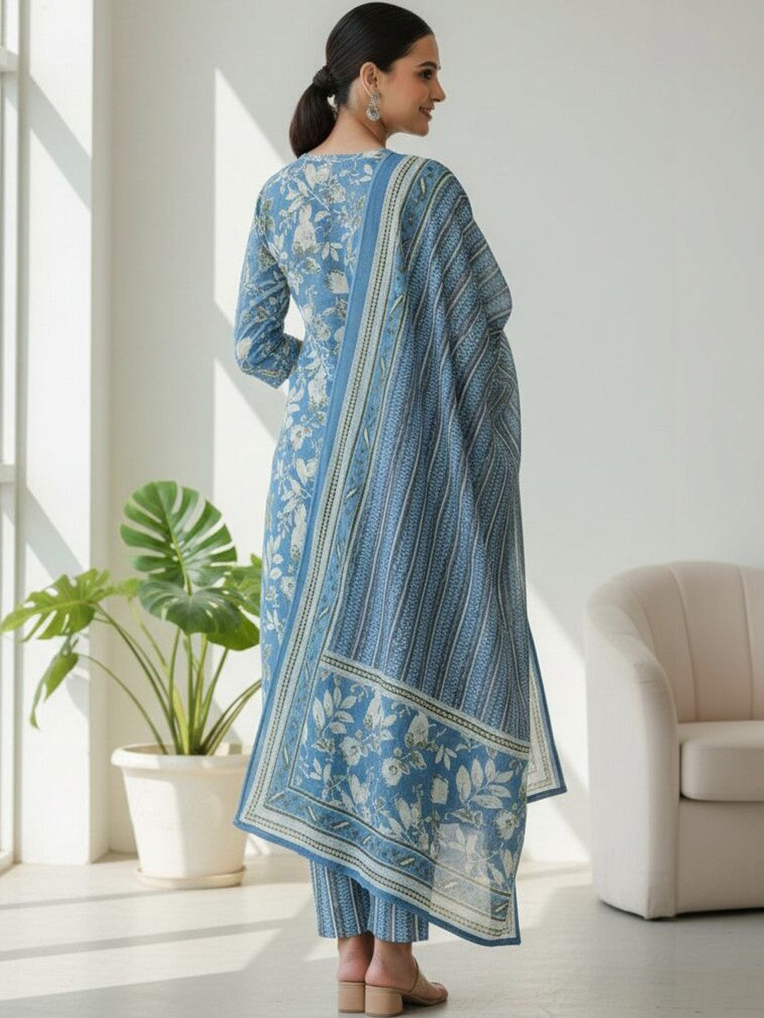 Printed Pure Cotton Round Neck Kurta & Trousers With Dupatta