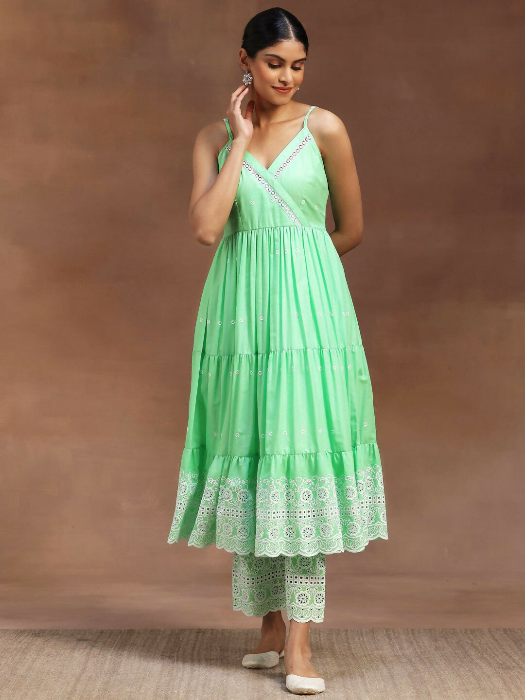 Women's LB The Kiara Cut Green Self Design Cotton Anarkali Kurta With Trousers