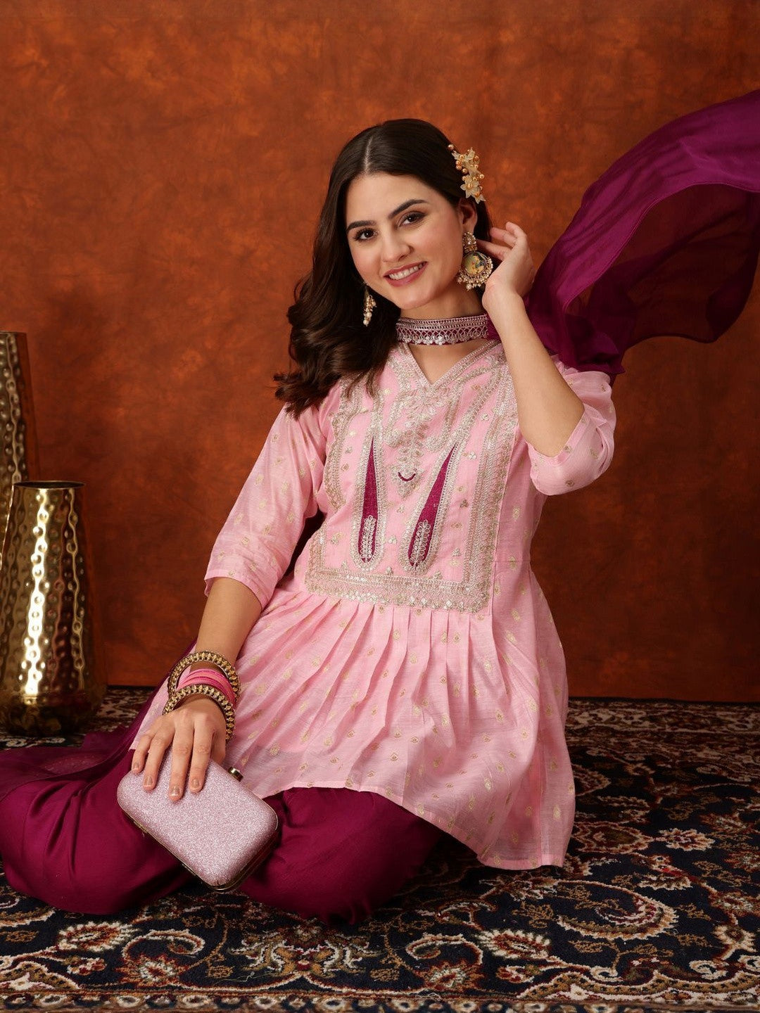 Paisley Embroidered Sequinned Chanderi Silk Kurti With Dhoti Pants & Dupatta