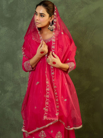 Dhiyona IE Women Ethnic Motifs Embroidered Regular Thread Work Kurta with Palazzos & With Dupatta