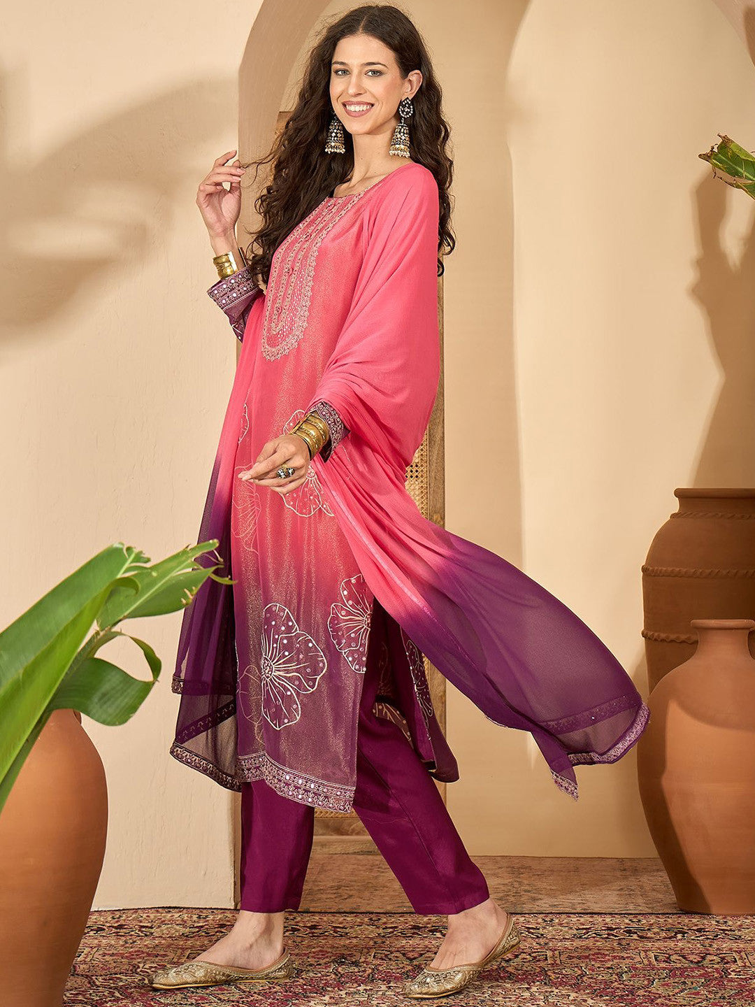 Women Embroidered Straight Kurta With Trouser & Dupatta