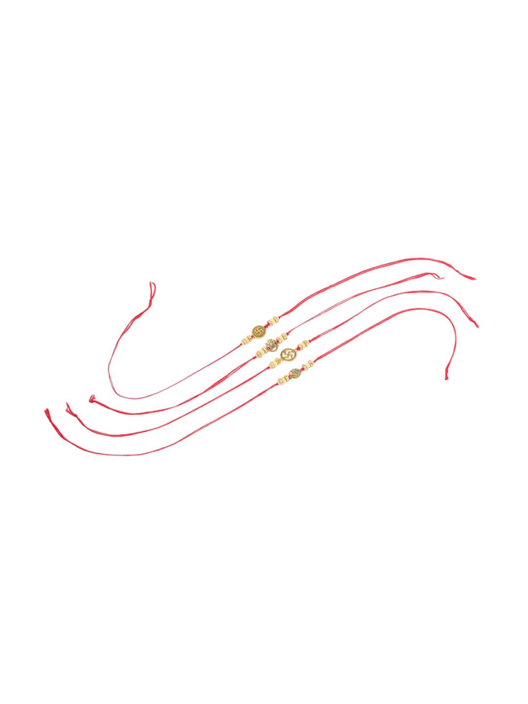 Dhiyona Men Set Of 4 Gold Toned Artificial Stones Swastik Design Thread Rakhi