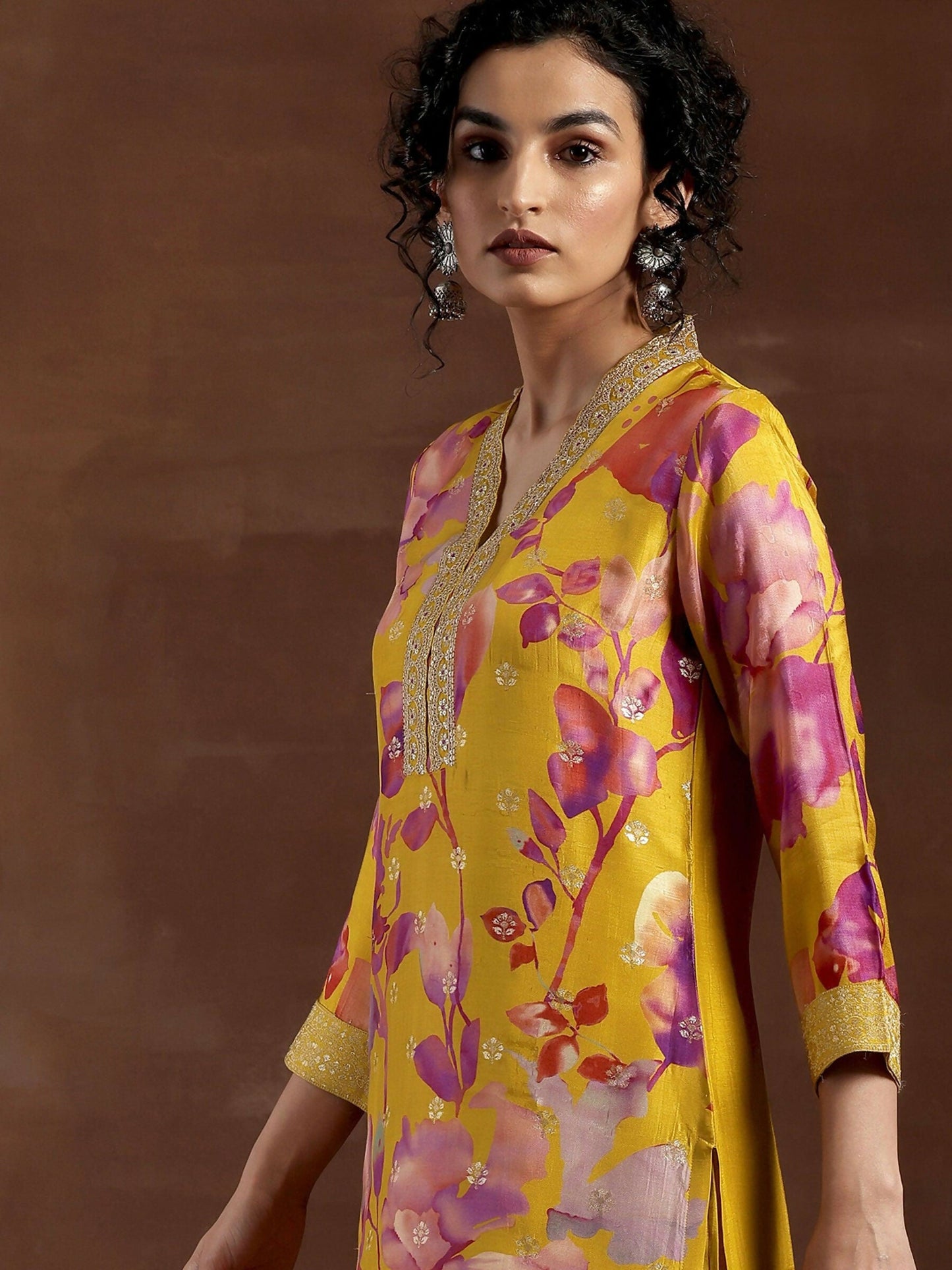 Women's LB Mustard Printed Silk Blend Straight Suit With Dupatta