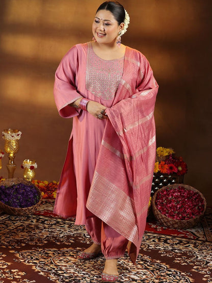 Dhiyona Women's Embroidered Thread Work Straight Kurta With Patiala & Dupatta