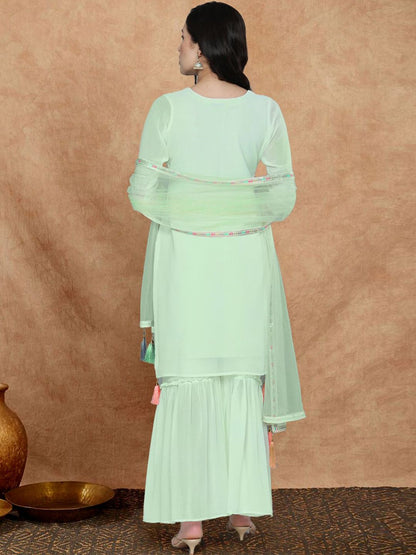 Dhiyona SN Women Sequin Embroidered Tassel-Detail Straight Kurta & Sharara With Dupatta