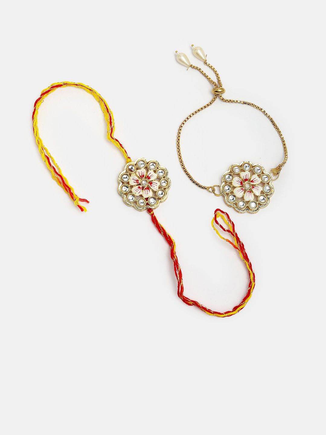 Dhiyona Unisex Set Of 2 Gold Kundan-Studded Bhaiya Bhabhi Rakhi Set With Roli Chawal