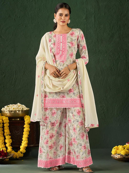 Dhiyona KL Women Floral Embroidered Thread Work Kurta with Sharara & Dupatta