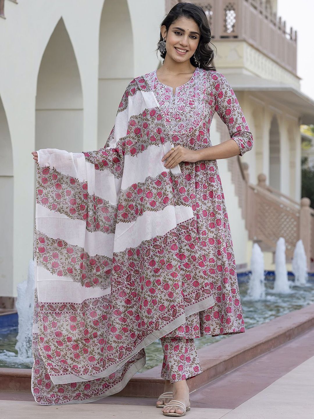Dhiyona KL Floral Printed Mirror Work Anarkali Pure Cotton Kurta With Trousers & Dupatta
