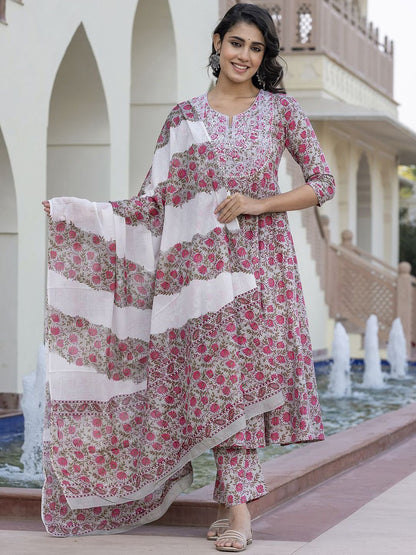 Dhiyona KL Floral Printed Mirror Work Anarkali Pure Cotton Kurta With Trousers & Dupatta