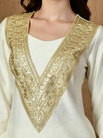 Round Neck Long Sleeves Kurta With Trousers & Dupatta