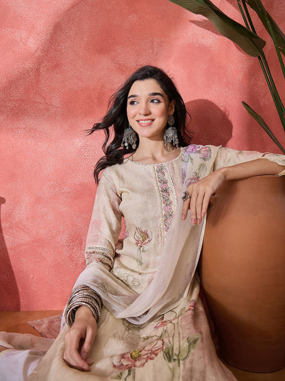 Floral Printed Thread Work Straight Kurta With Trouser & Dupatta
