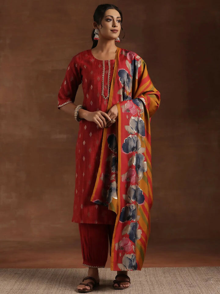 Women's LB Red Woven Design Silk Blend Straight Suit With Dupatta