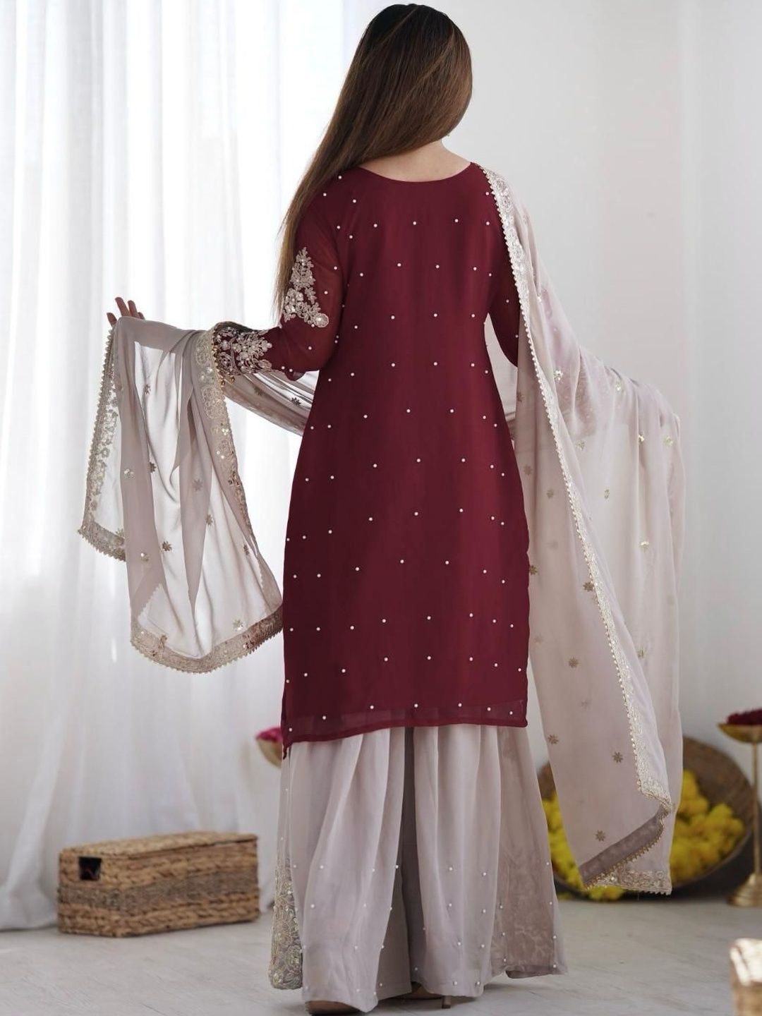 Dhiyona KL Women Ethnic Motifs Embroidered Regular Kurta with Sharara & With Dupatta