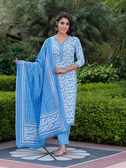 Dhiyona KL Women Floral Printed Regular Pure Cotton Kurta with Trousers & With Dupatta