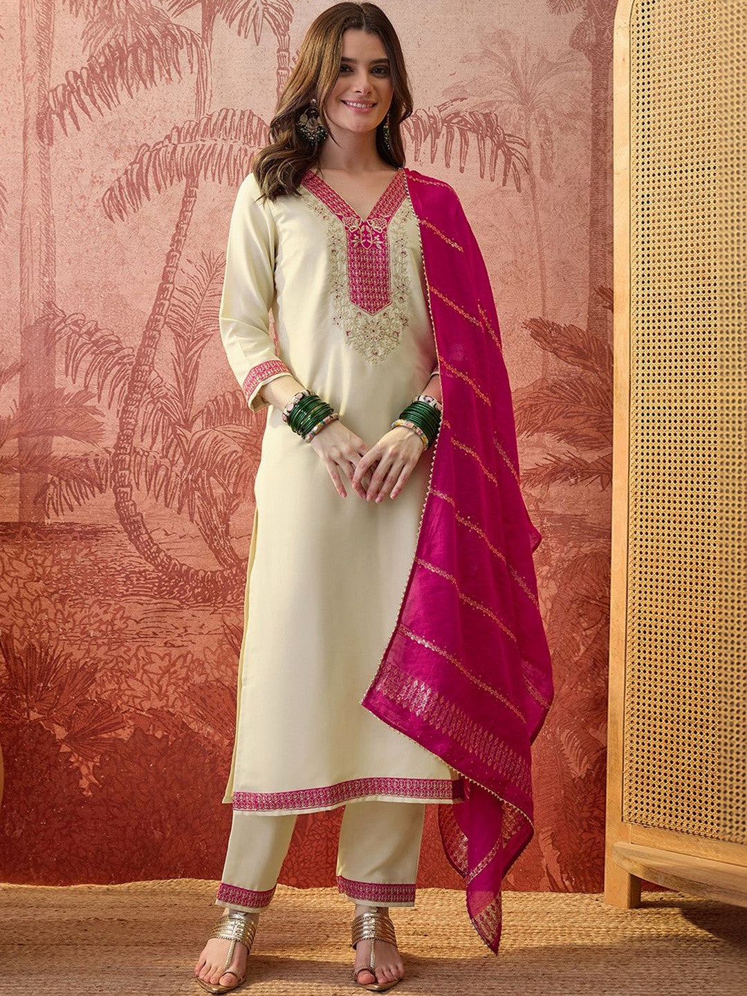Embroidered V-Neck Kurta Trousers & Dupatta