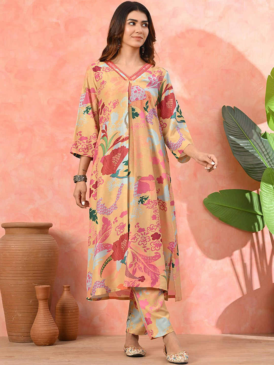Dhiyona SN Floral Printed Pleated Sequinned Work V-Neck A-Line Kurta With Trousers