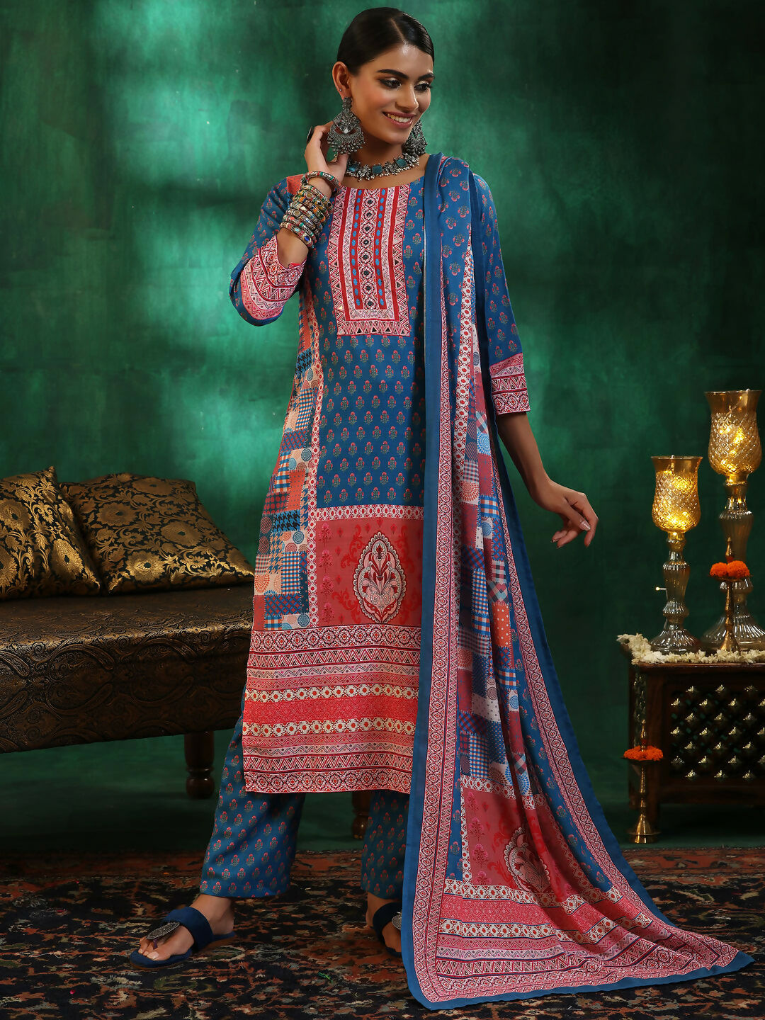 Women's LB Multicoloured Printed Linen Straight Suit With Dupatta