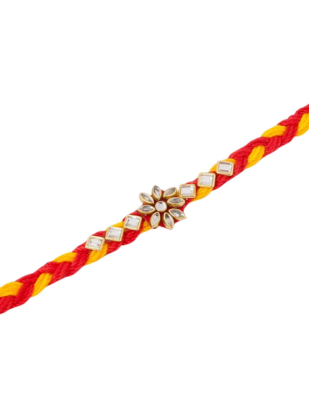 Dhiyona Men Set Of 6 Red & Yellow Kundan Studded Floral Design Thread Rakhi With Roli Chawal