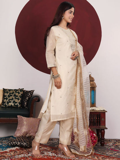 Dhiyona VA Cream-Coloured Floral Embroidered Sequined Kurta With Palazzos & Dupatta