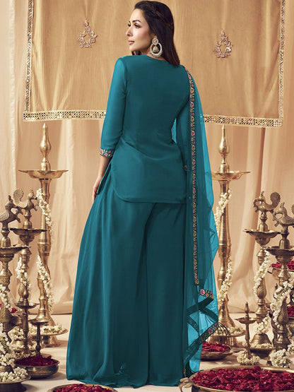Dhiyona IN Turquoise Blue Floral Embroidered Notch Neck Georgette Kurti with Palazzo & Dupatta