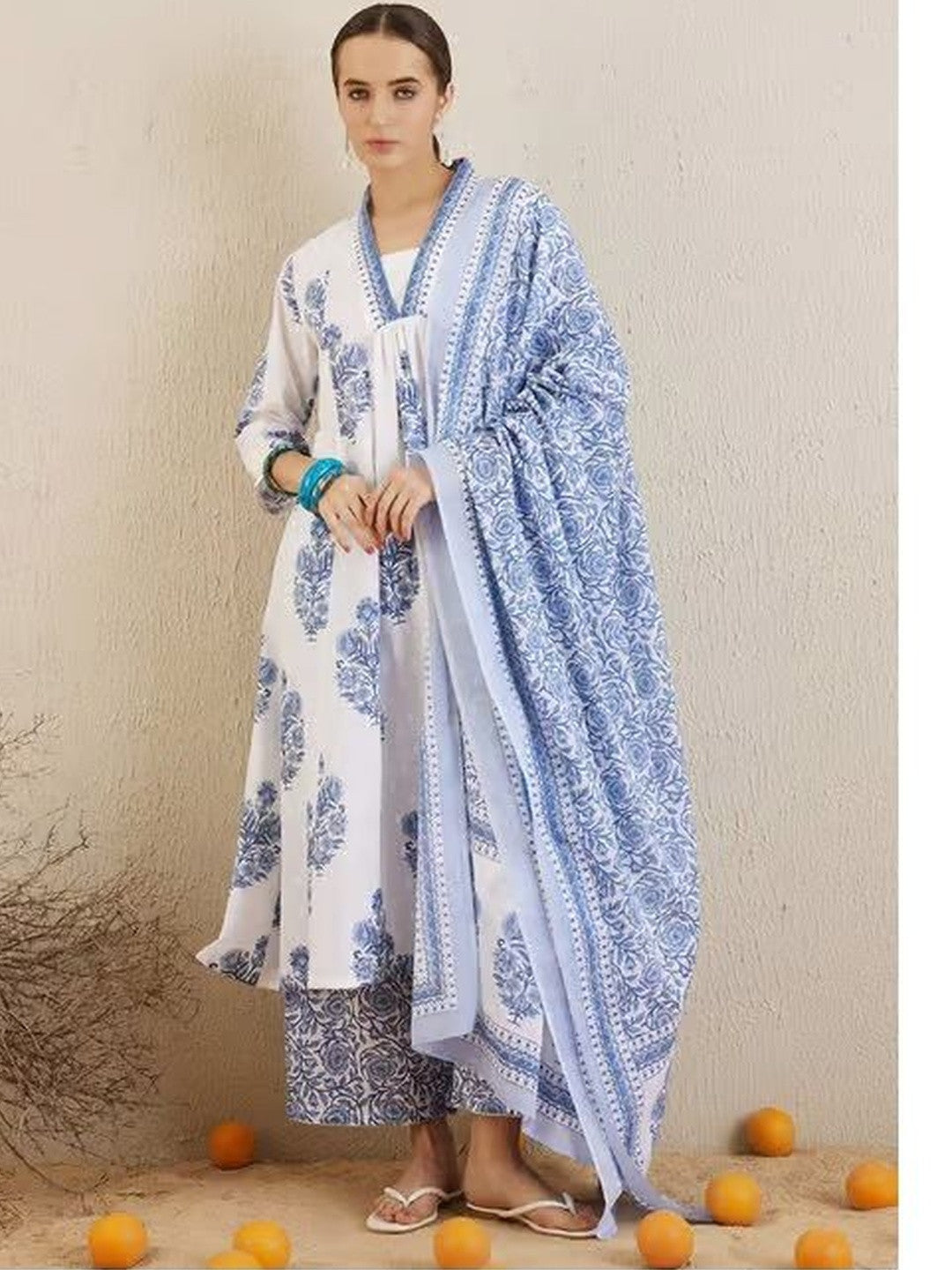 Printed Pure Cotton V-Neck Kurta Trousers & Dupatta