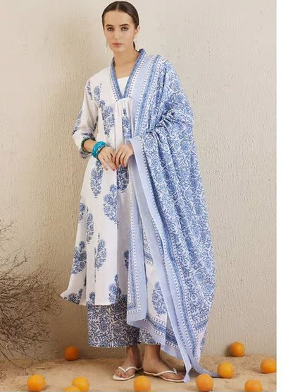 Printed Pure Cotton V-Neck Kurta Trousers & Dupatta
