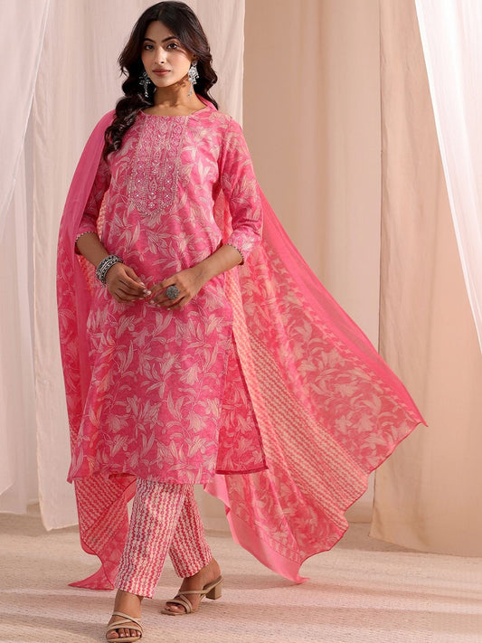 Women Floral Printed Regular Thread Work Kurta with Trousers & With Dupatta