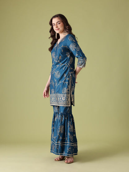 Dhiyona AN Floral Self Design Zari Detail Gotta Patti Republic Day Kurta with Sharara & Dupatta