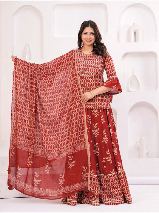 Dhiyona KL Women Ethnic Motifs Printed Cotton A-Line Kurti with Skirt & Dupatta
