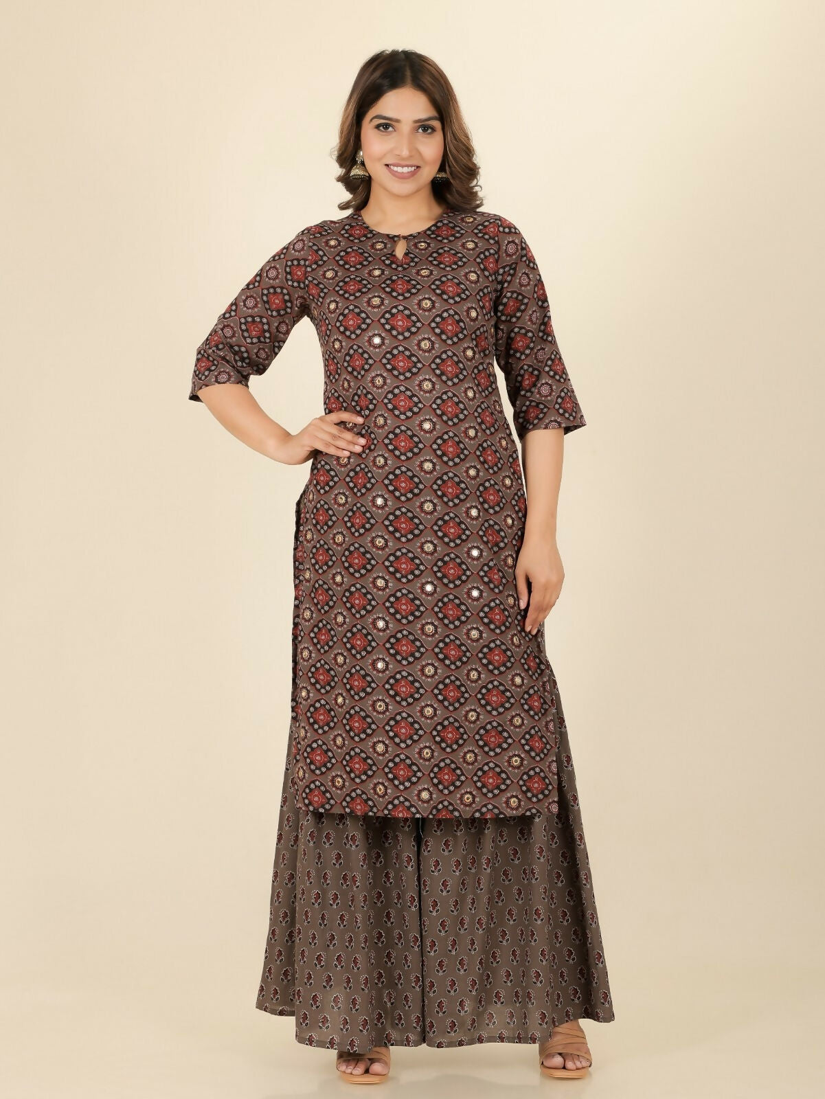 Women's Brown Soft Cotton Geometric Print Straight Kurta Sharara Set for Women