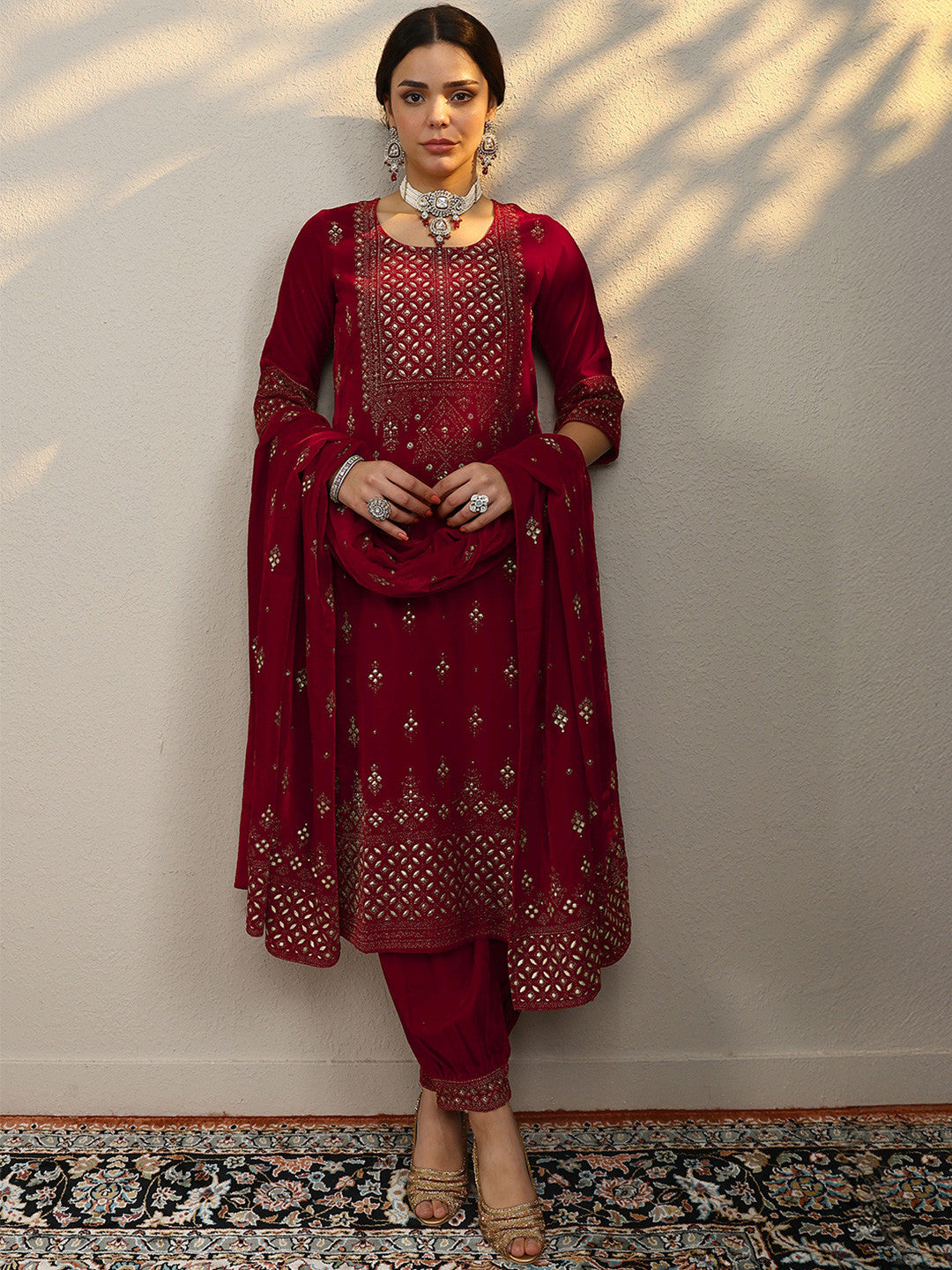 Ethnic Motifs Embroidered Straight Mirror Work Velvet Kurta with Salwar & Dupatta
