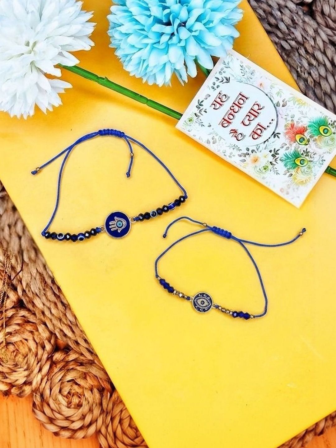 Dhiyona Set Of 2 Blue Evil Eye Thread Rakhi With Roli Chawal Chandan Mishri