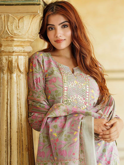 Dhiyona KL Floral Printed Thread Work Pure Cotton Straight Kurta With Trousers & Dupatta